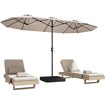 15FT Rectangular Patio Umbrella with Solar Lights & Base Included - Large Patio Umbrella with Crank Handle, UV Protection for Outdoor Market, Backyard, Pool - Beige