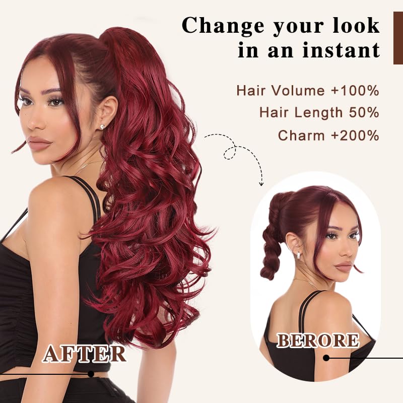 HMD Long Wavy Ponytail Extension 24 Inch Curly Drawstring Ponytail Synthetic Hairpiece for Women Fluffy Natural Looking Hair for Daily Party