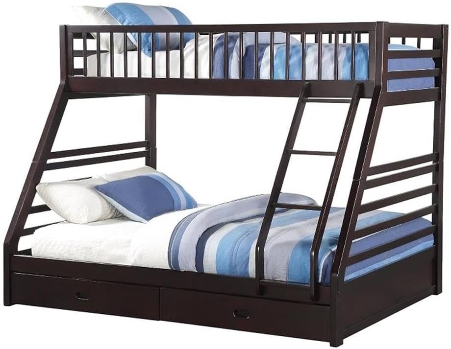 Pemberly Row Twin XL Over Queen Bunk Bed, Espresso Finish, Wood Construction, Convertible Design with Under-Bed Storage Drawers, Space-Saving Youth Bedroom Furniture for Siblings or Guests