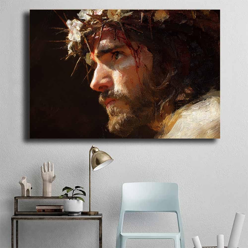 ZAMAEIU Jesus płótno sztuka ścienna nowoczesna korona cierniowa kwiat chrześcijański plakat obraz inspirujący religijny wystrój do salonu, kościoła lub pokoju modlitwy (beżowy) - 30 x 50 cm oprawiony