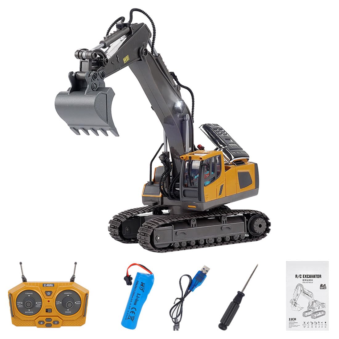 BAUBAUPLAY 1/20 RC Excavator, 2.4G 11CH Alloy Remote Controlled Excavator with Light Effects and Sound Effects, Mini RC Construction Vehicle Toy for Adults