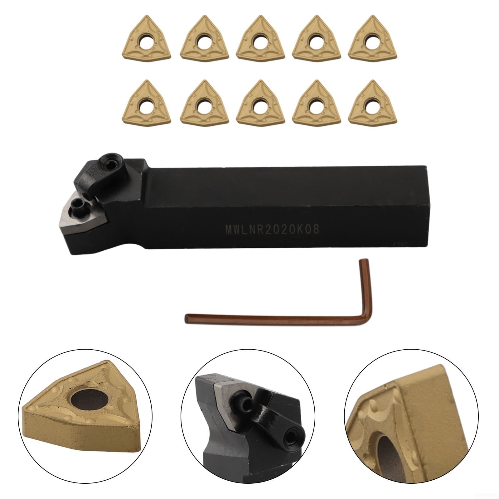 MWLNR2020K08 Porte-outils de tournage avec 10 inserts en carbure WNMG0804 pour usinage CNC, finition acier et fonte, poussière