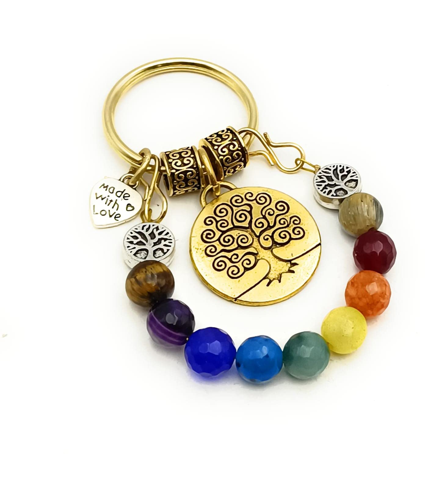 JAZ? Natural Stone Beads 8mm- Seven Chakra Healing/Reiki Healing Highly Spiritual Key Ring for Good Luck Prosperity & Success -Tree Of Life Pendant Keychain/Key Ring for Good Luck-Prosperity & Wealth