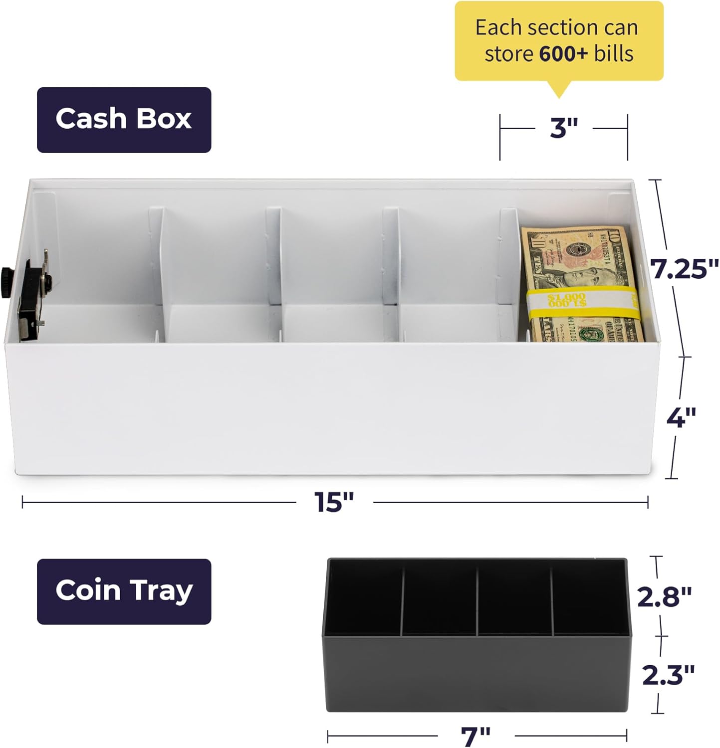 Volcora Cash Box Money Organizer - 15” x 7.5” x 4” Cashbox 5 Compartments Drawer Tray - Bills and Coin Slot with Combination Lock for POS Register, Kiosk, Retail, Personal and Business Use, White