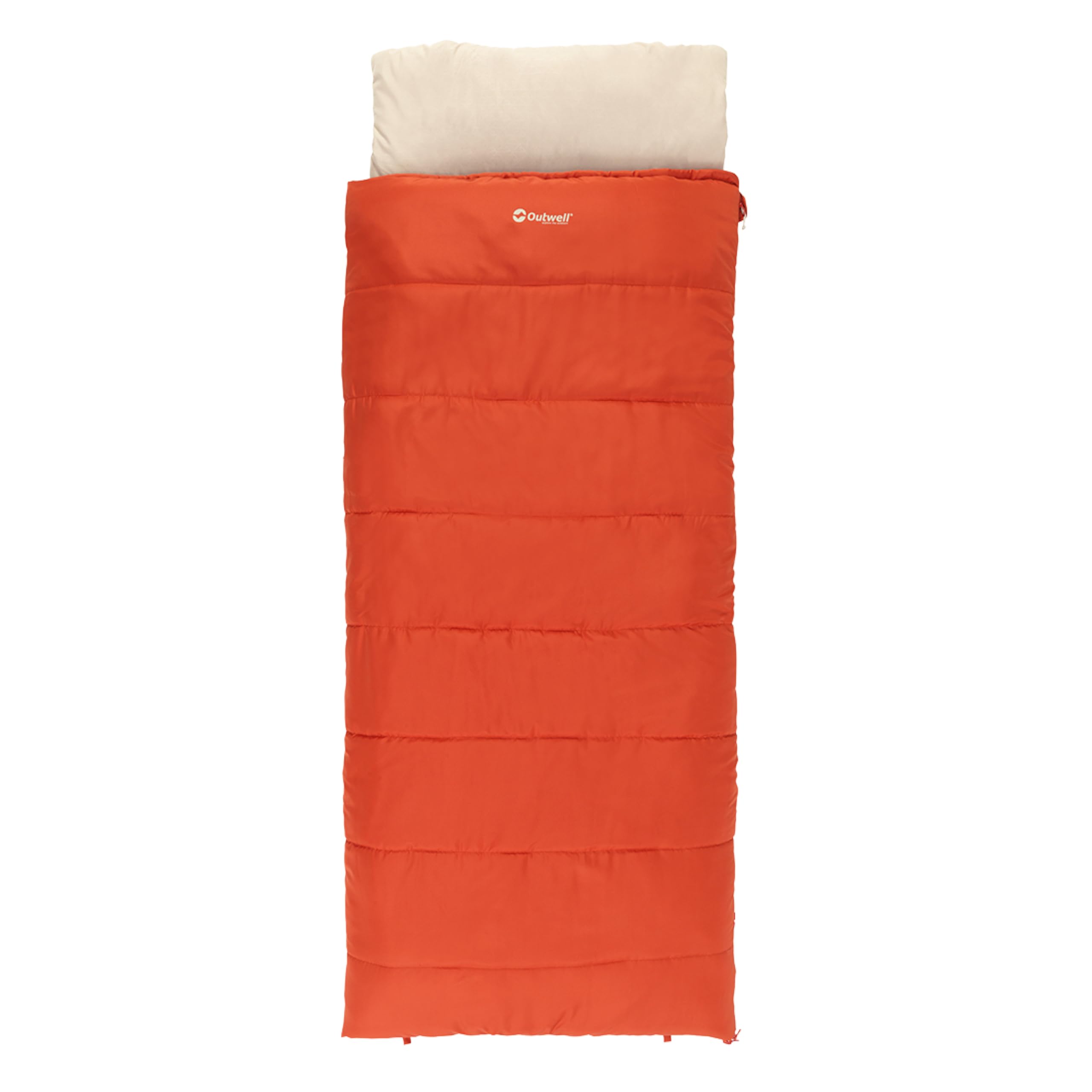 Outwell Contour Sleeping Bag – 3 Season Warm Reversible Comfortable Camping Sleeping Bag with Built-In Pillow, Zip-Off Hood & Duvet Mode - For Indoor & Outdoor Use (Contour Lux (Red))
