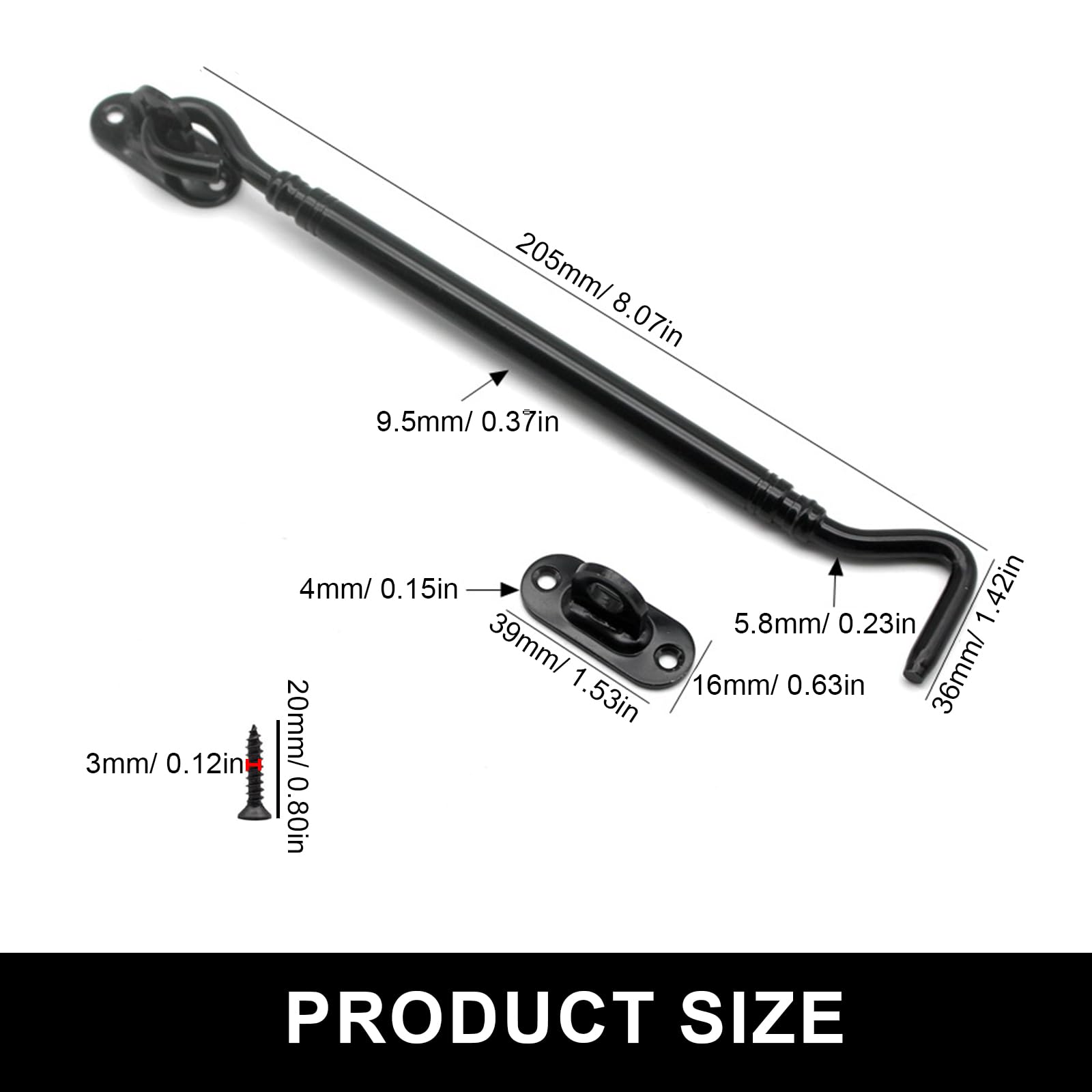 SHENGYIG 2 Pack Heavy Duty 8 inch (205mm) Stainless Steel Cabin Hook, Black Gate Latch & Door Catch for Barn Door Shed, Fence - Image 2