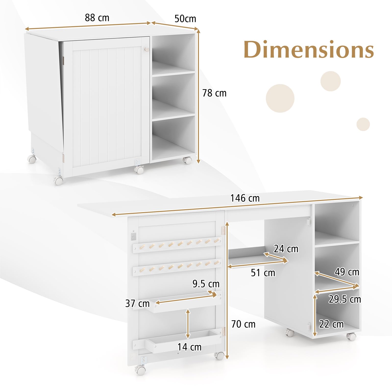 GIANTEX Table de Couture Pliante, Meuble Couture avec 18 Patères, 3 Conpartiments Ouverts, 3 Étagères pour Traveaux Manuels, 6 roulettes avec Freins, Meuble Machine à Coudre 146 x 50 x 78 CM