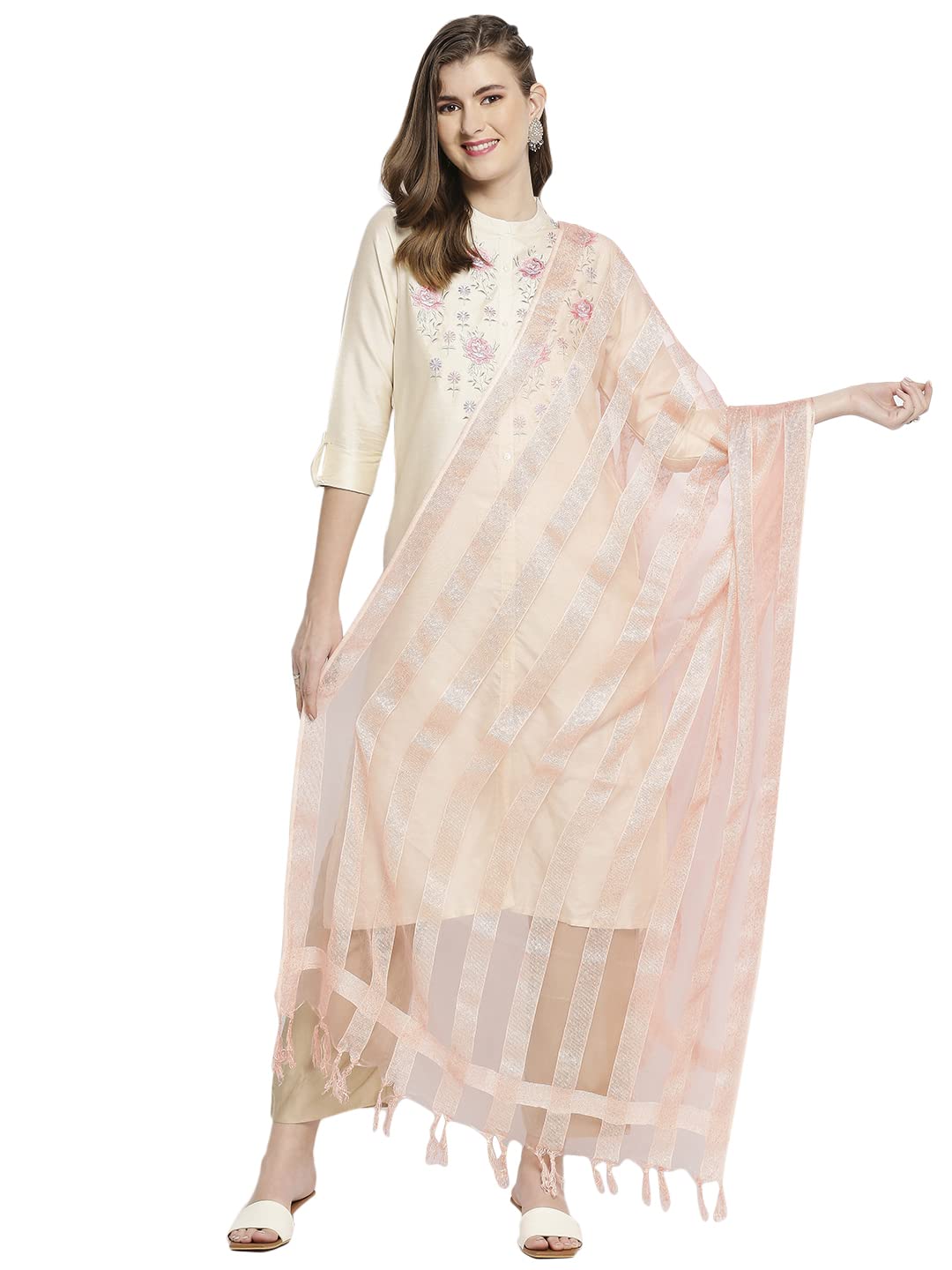 dupatta bazaar Women's Peach Striped Organza Dupatta-picture-30
