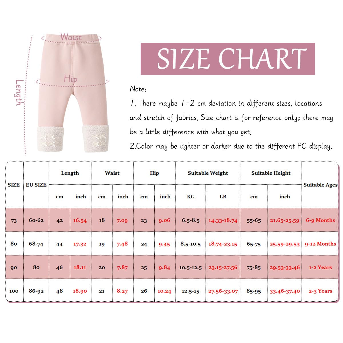 Legging Thermique Epais Coton Fille 6-9-12 Mois - 2-3 Ans, Leggings Chaud Polaire avec Schleifen Hiver Filles Pantalon Thermiques épais sous-vêtements Chaud d'hiver mesurant 66 et 95 cm