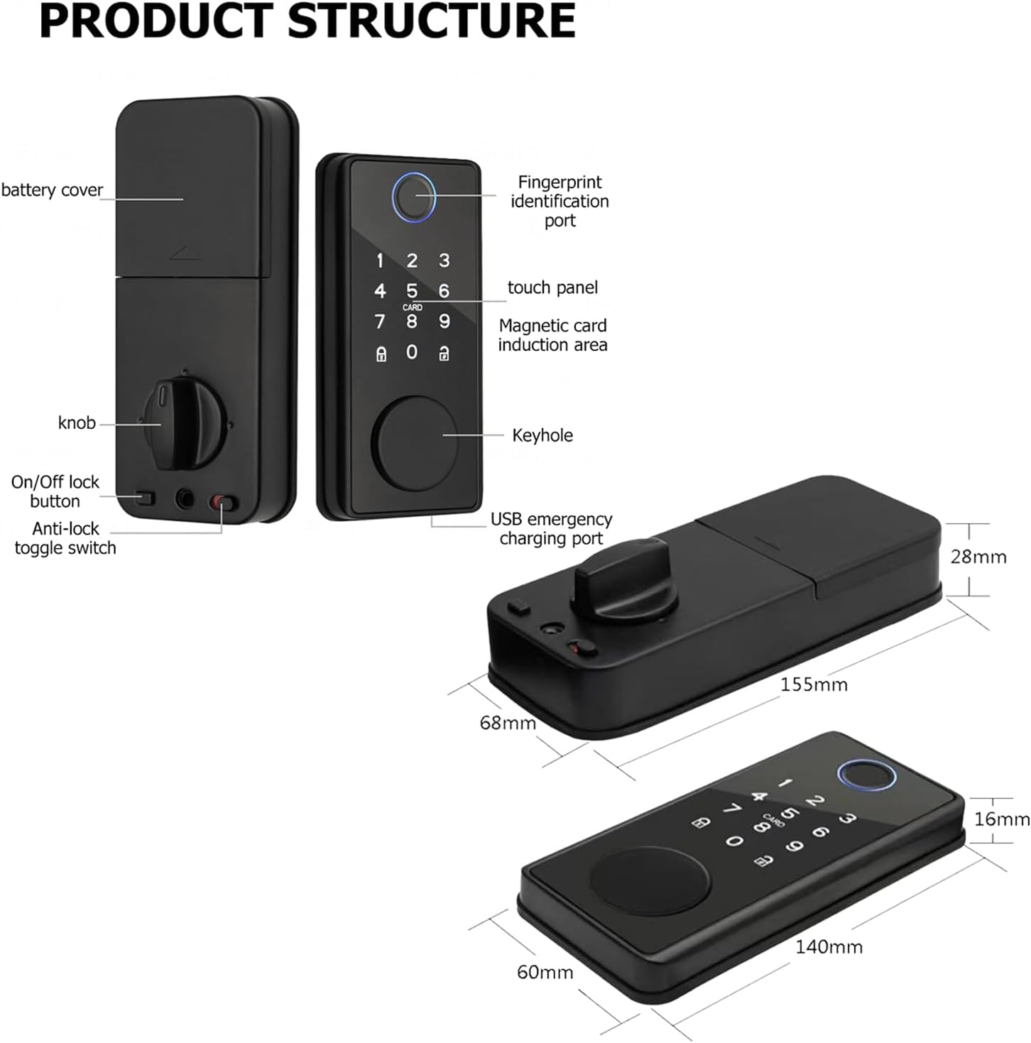 વિસ્ફોટ થયો view of the Xenocam Smart Lock components including front panel, rear panel, lock body, screw accessories, IC card, and key.
