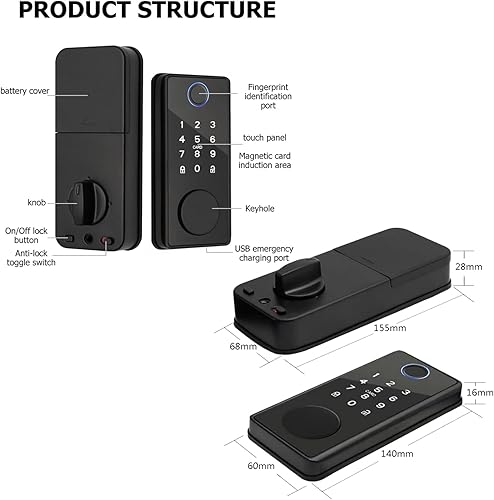 Miniatura 8 de Cerradura inteligente con huella dactilar, cerradura de puerta de entrada sin llave 5 en 1, cerradura de puerta inteligente con control de