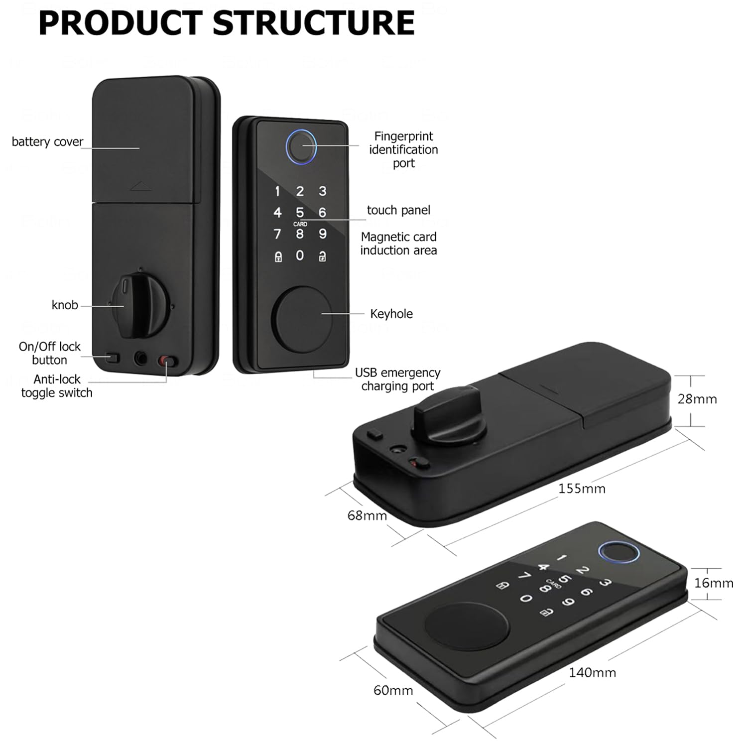 Serrure de porte intelligente empreintes digitales 5 en 1, verrouillage automatique, contrle par application, serrure biometrique electronique, noir