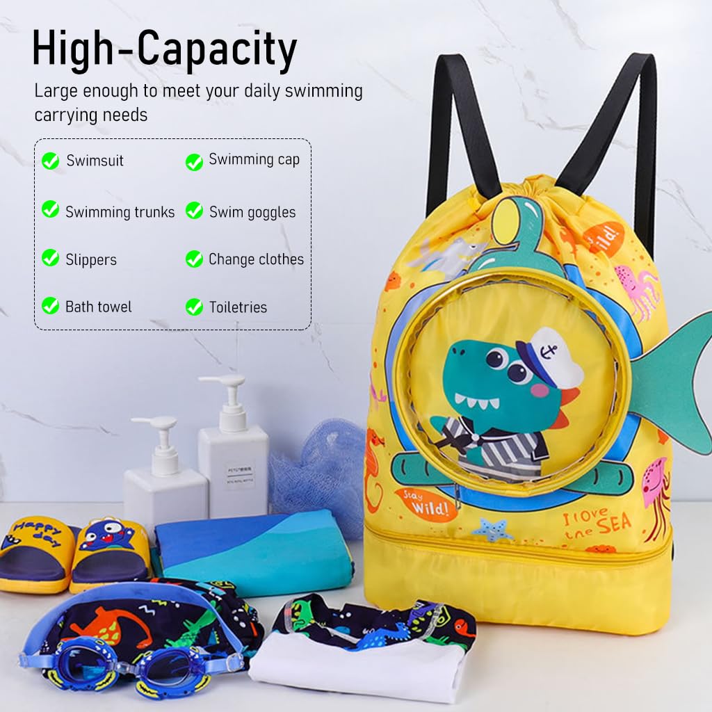 PALAY Swimming Bag for Kids Waterproof Shark Drawstring Backpack Yellow 2
