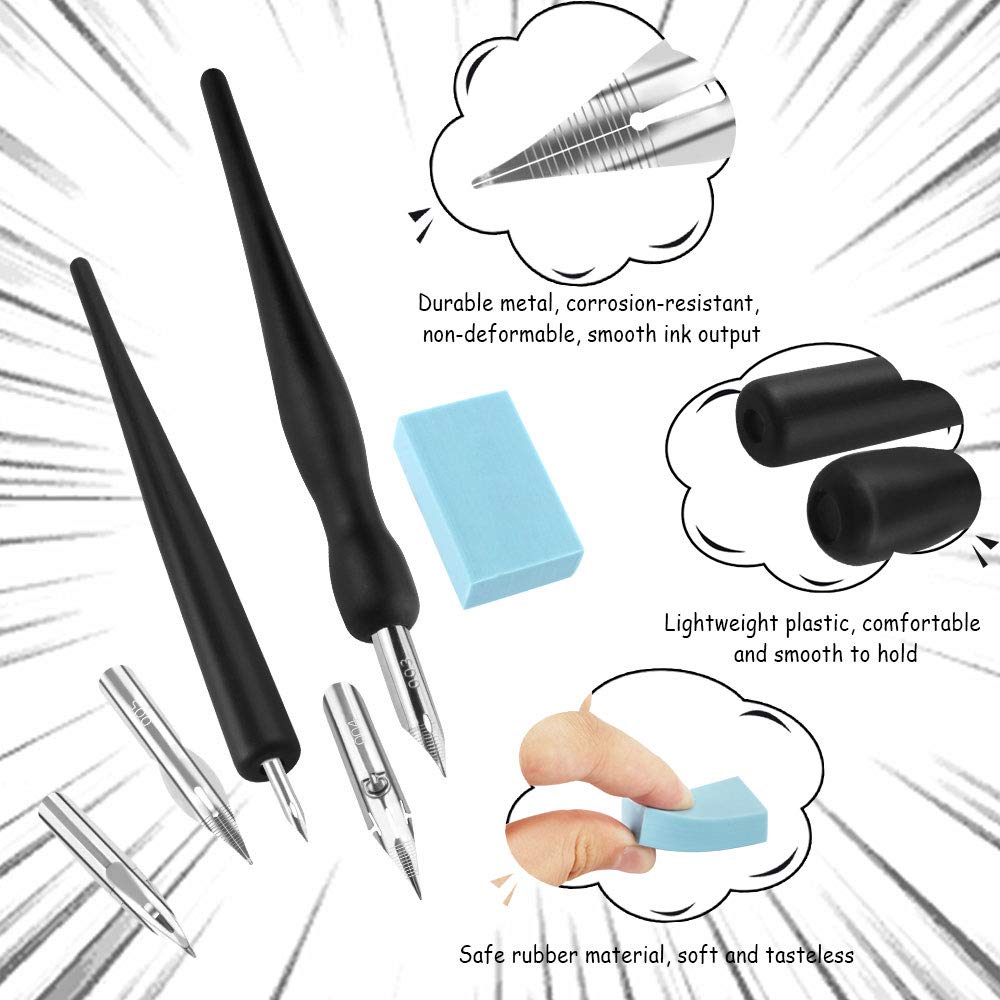 Set 16 Pezzi Calligrafia Manga - 4 Portapenne E 10 Pennini - Per Disegno E Fumetti