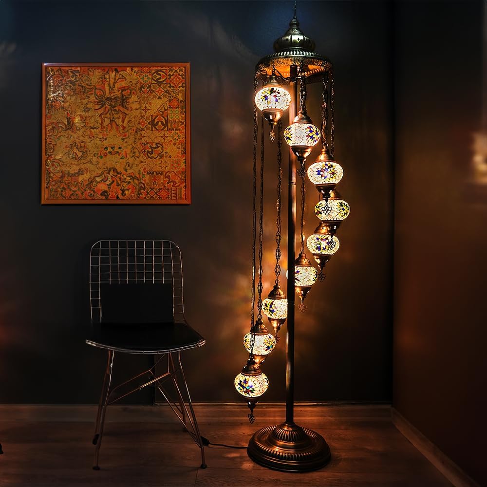 Asylove Turkish Lamp 9 Globe Mosaic Floor Lamp, Mosaic Standing Lamp, Moroccan Lamps, Floor Lamp for Decorative Home Designs Offer 5 inch Globe - Total Height 70 inch (Yellow)