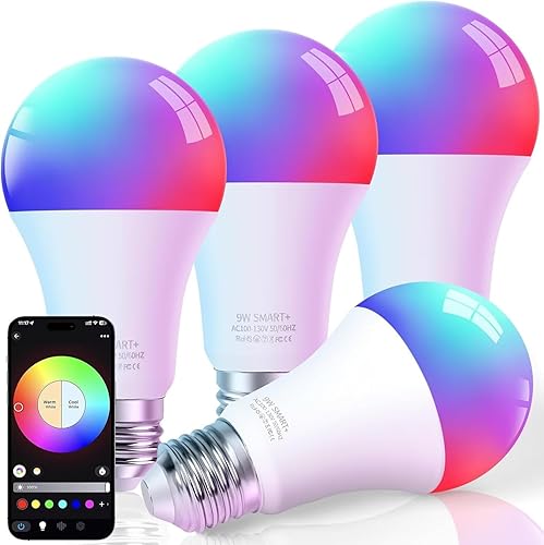 FRIDEKO HOME Paquete de 4 bombillas LED inteligentes Bombillas Wi-Fi y Bluetooth, bombilla que cambia de color compatible con Alexa y Google