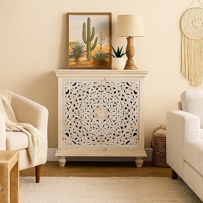 Carved Wooden Cabinet with Intricate Mandala Design – Rustic Accent Storage for Living Room || Size 90X40X93 CM-picture-19