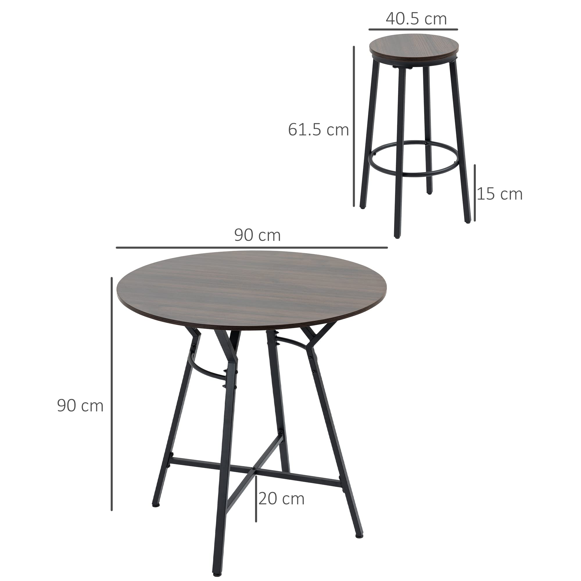 HOMCOM Set da Pranzo con Tavolo e 4 Sgabelli in Stile Industriale per Cucina e Bar, Set in Legno e Acciaio, Colore Noce