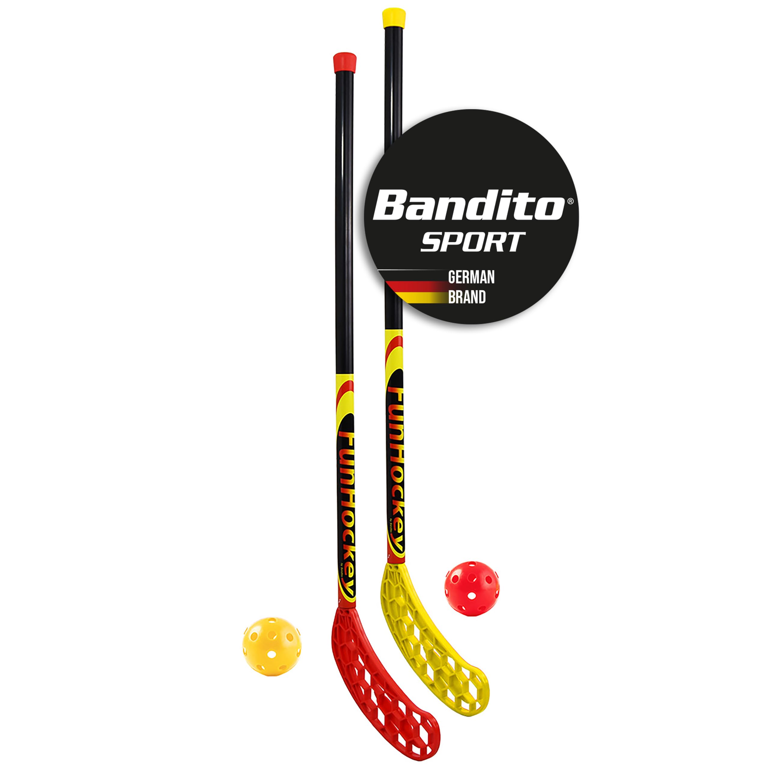 Bandito FunHockey Schlägerset inkl. Bälle für Kinder, Floorball für Garten, Floorball Stick, Streethockey Outdoor, Linkshänder, Rechtshänder, 2 Bälle und Schläger, rot und gelb