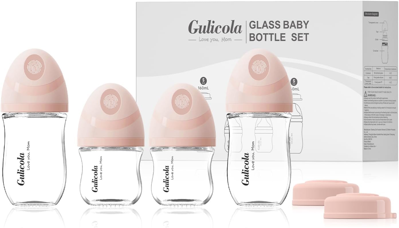 Natural Glass Baby Bottles Set 4 Pack, Newborn Girl Breastfeeding Bottles with Slow Flow Nipples, 0 Months+, 3 oz & 5 oz - Pink