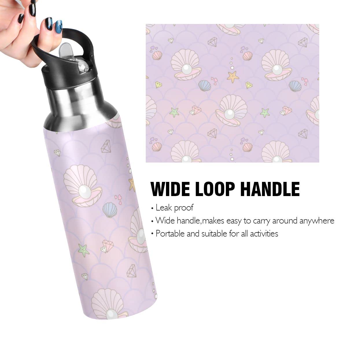 Edelstahl-Wasserflasche mit Strohhalm, schöne Perlen und Meerjungfrauen, isolierte Trinkflasche, Sport-Wasserflasche für Kinder und Erwachsene, auslaufsicher, 1 l