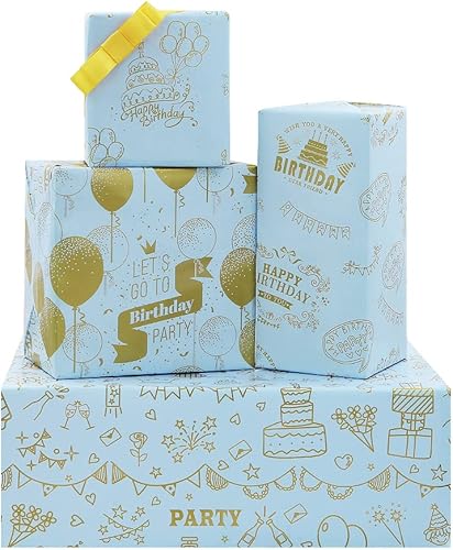 Papel de regalo de feliz cumpleaños azul dorado, 8 hojas de papel de regalo plegado metálico para envolver regalos, globos con estampado de grafiti