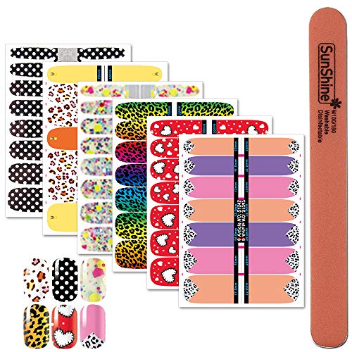 WOKOTO 6Pcs Cute Nail Art Design Polish Stickers Wraps Self Adhesive Bow Tie Leopard Print Design Manicure Stickers Decals Set with 1Pc Nail Buffers Files