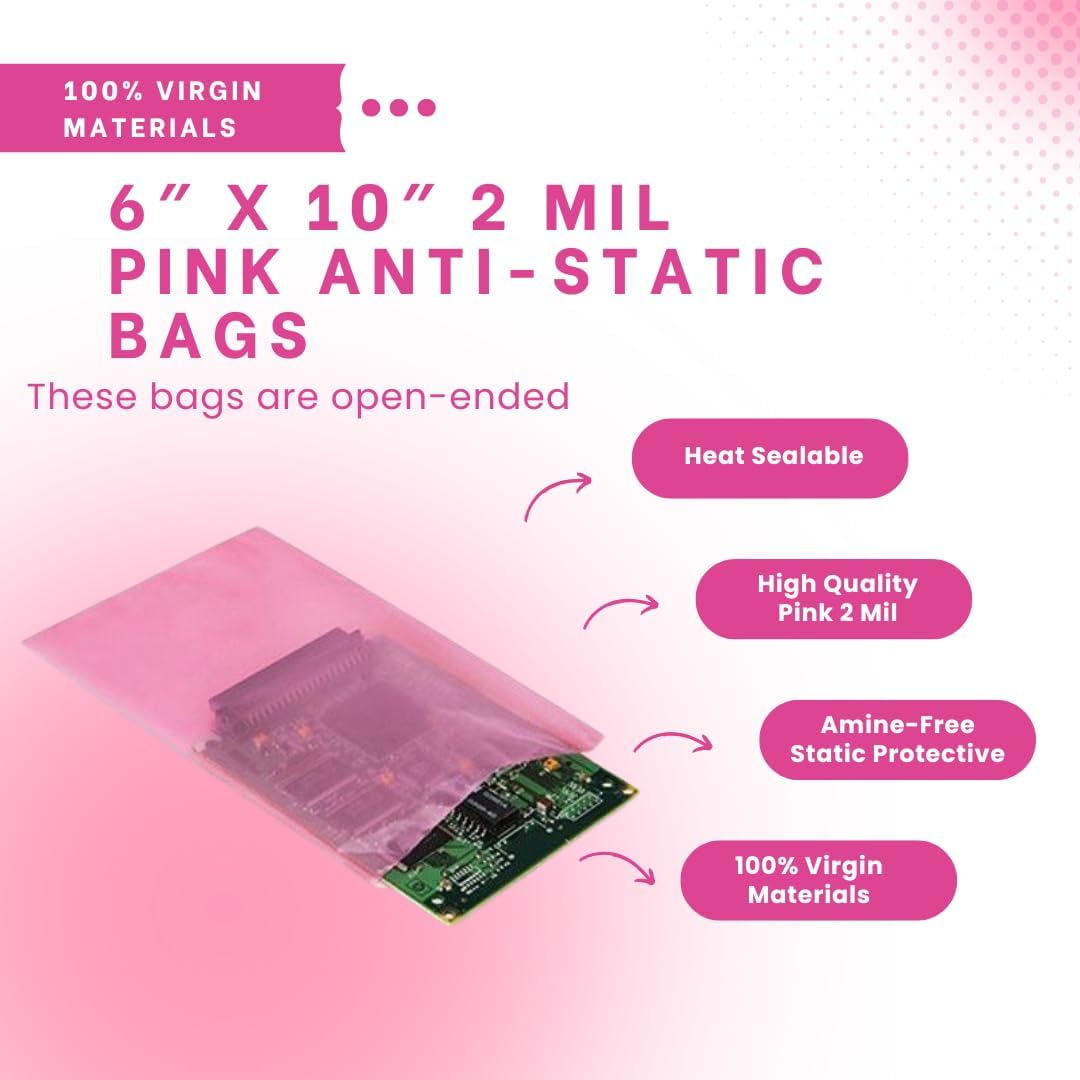 500 Anti-Static Bags, 6" x 10", 2 Mil, Open-Ended Large Pink Poly Bags for Motherboard Protection