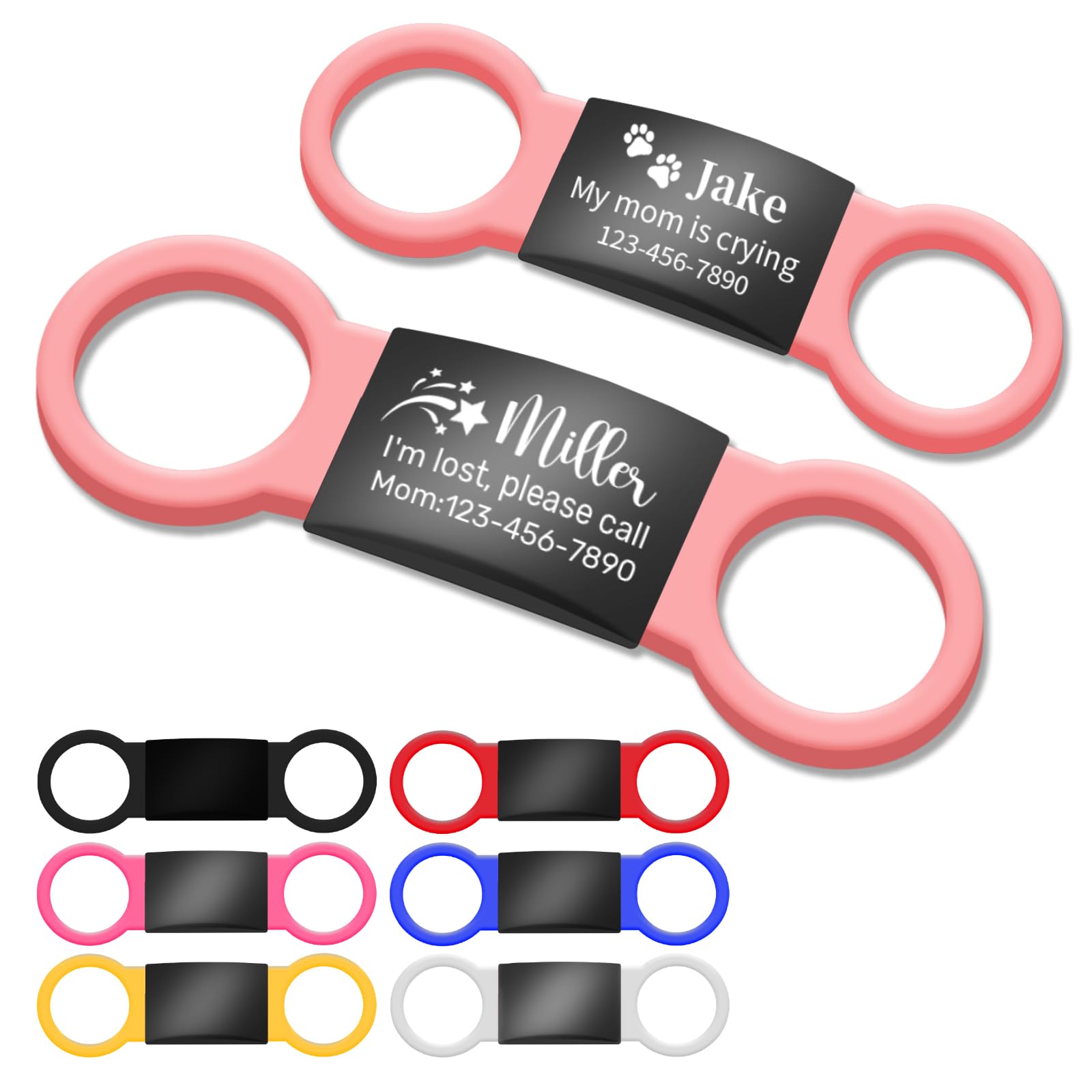 Dog Tags for Pets Engraved UK, Personalised Silent Slide-On Dog ID Tag, Custom Stainless Steel Label with 7 Coloured Elastic Silicone Bands, Pet Name Identity Tags for Collars for Dogs,Cats,Puppy