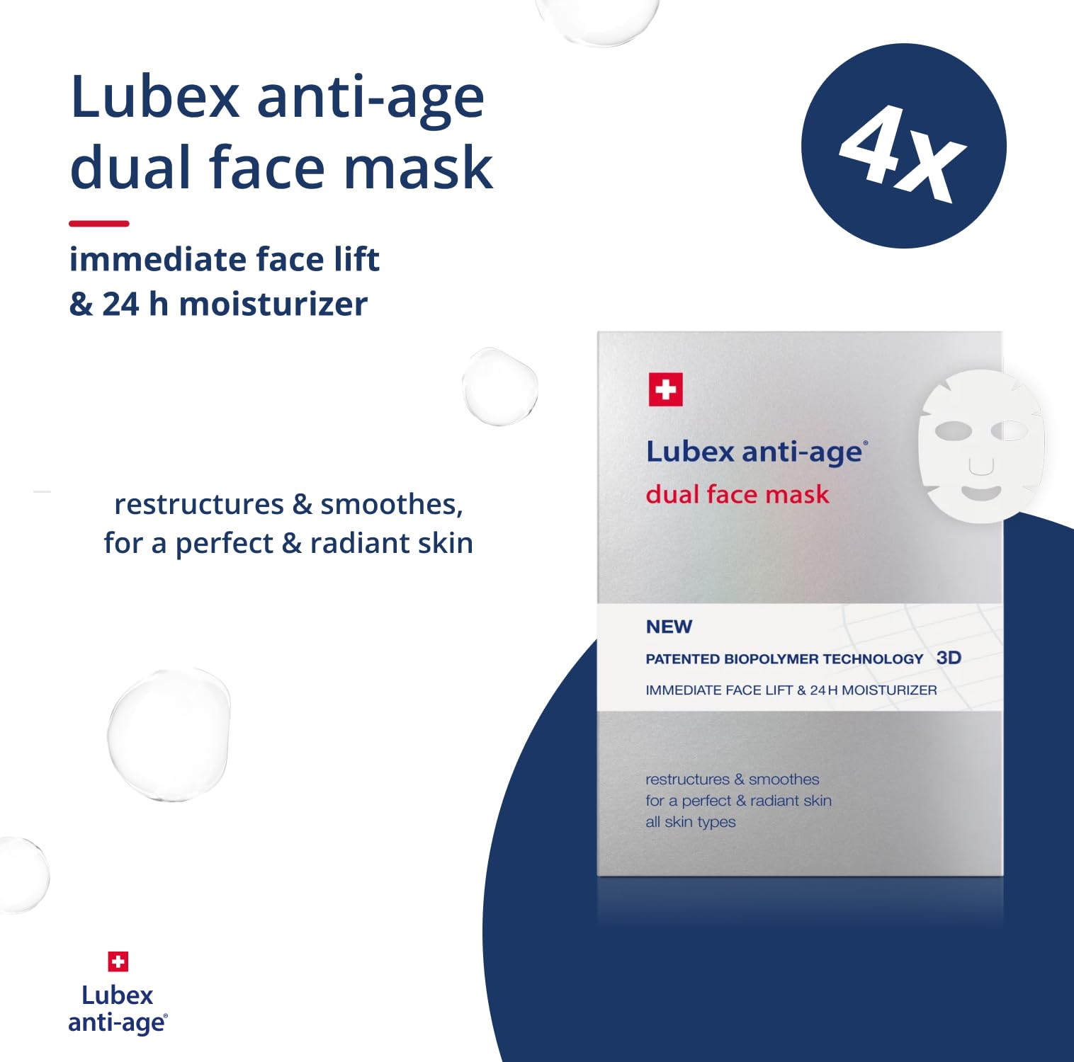 Dual Face Mask - Maschera viso a 2 fasi con biopolimero 3D, rassodante istantaneo, idratante per 24h, esapeptidi e vitamina C, dermatologicamente testato, 4x1, maschera in tessuto non