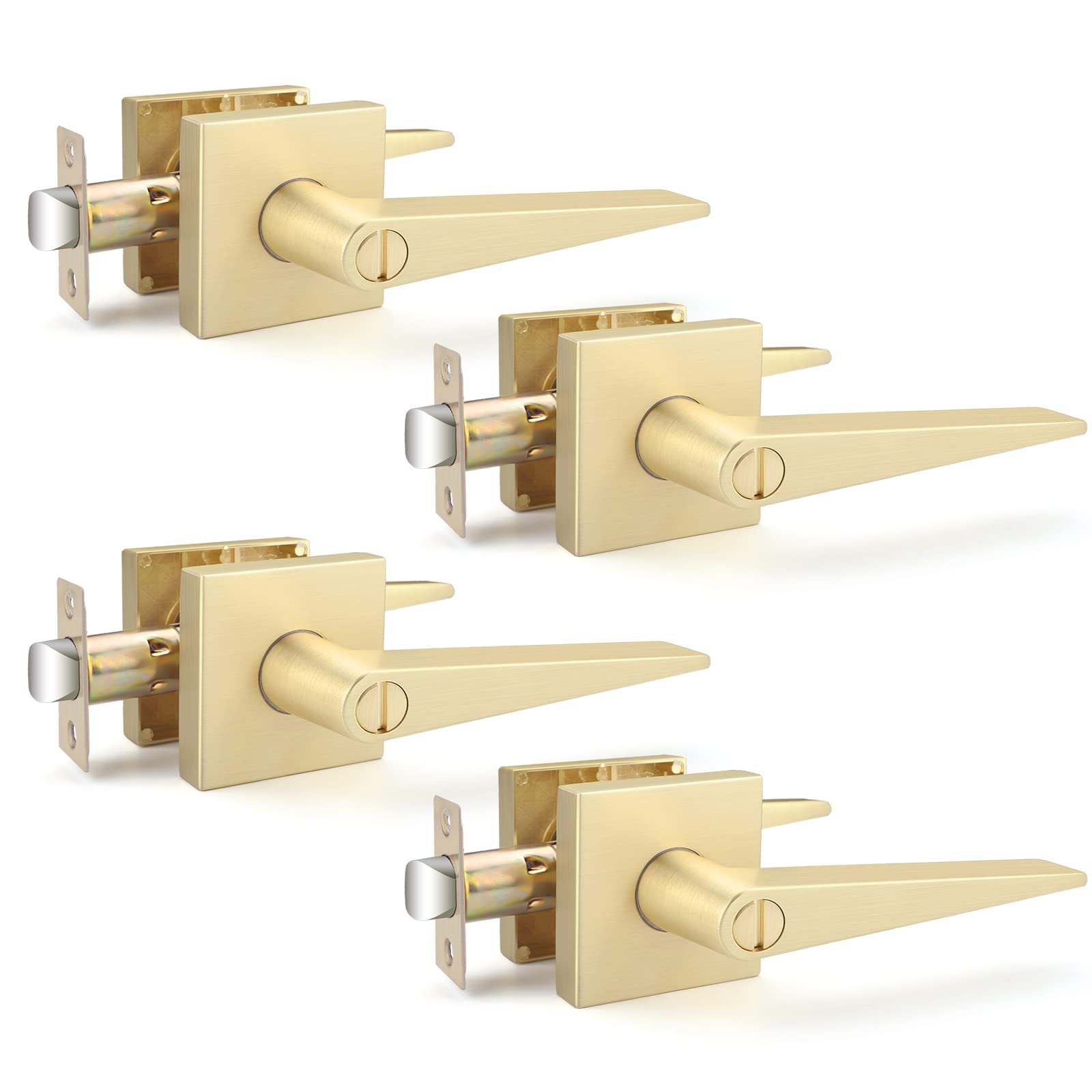 EHOMEWARE Gold Door Handle Heavy Duty, 4 Pack Satin Brass Door Knob Reversible Square Door Lever for Bedroom, Bathroom, Privacy Door Levers Without Keys