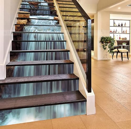 artfanke 15pcs 3D Waterfall Rock Stone Peel and Stick Stair Stickers -Self-Adhesive Staircase Stickers- Stair Riser Decals for Home Office Decorations 39.37"x7.08"