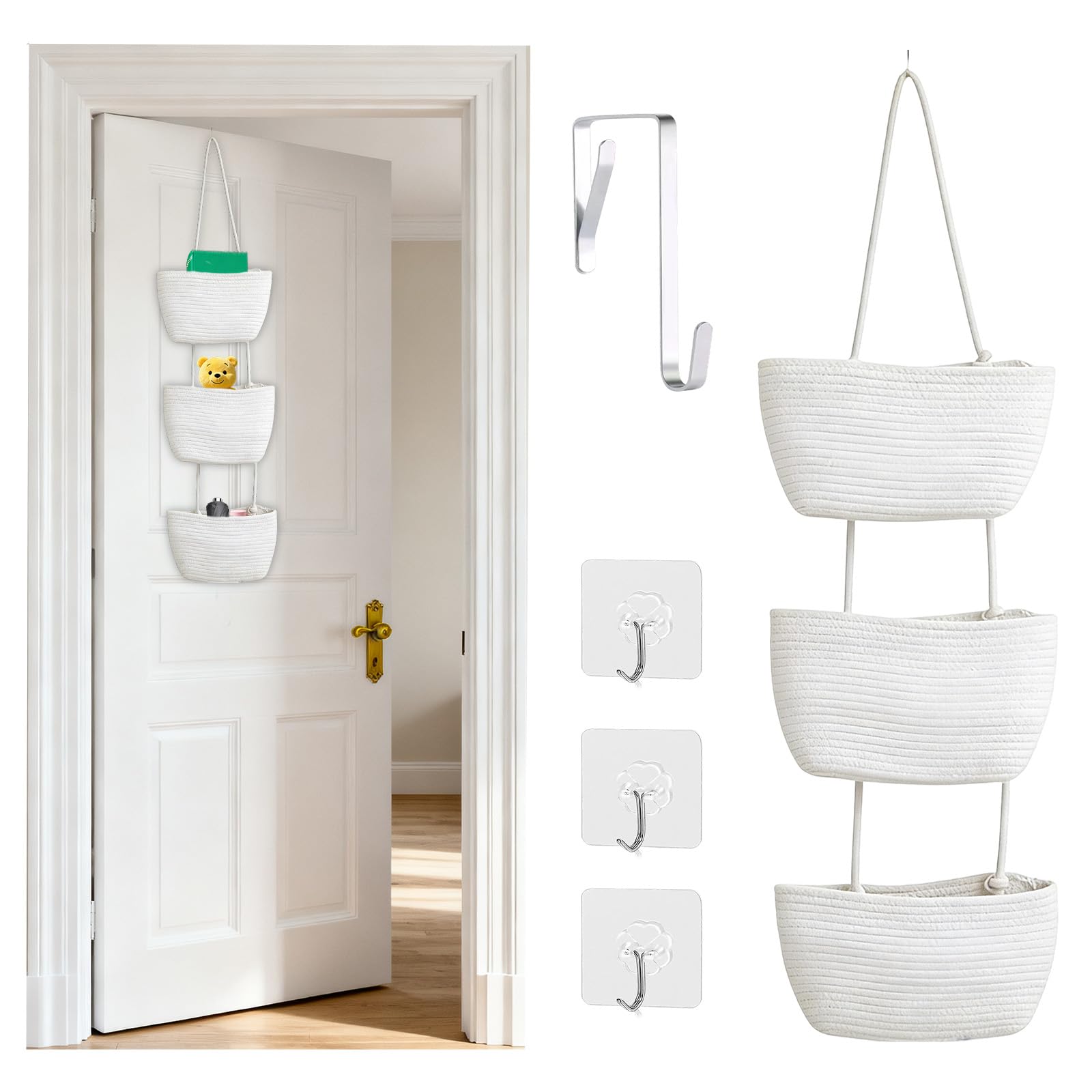 KEGOZ Wall Hanging Cotton Baskets, 3-Tier Woven Cotton Wall Basket,Woven Rope Over The Door Storage Wall Mount Hanging Cotton Baskets for Bedroom, Bathroom & Livingroom (White)