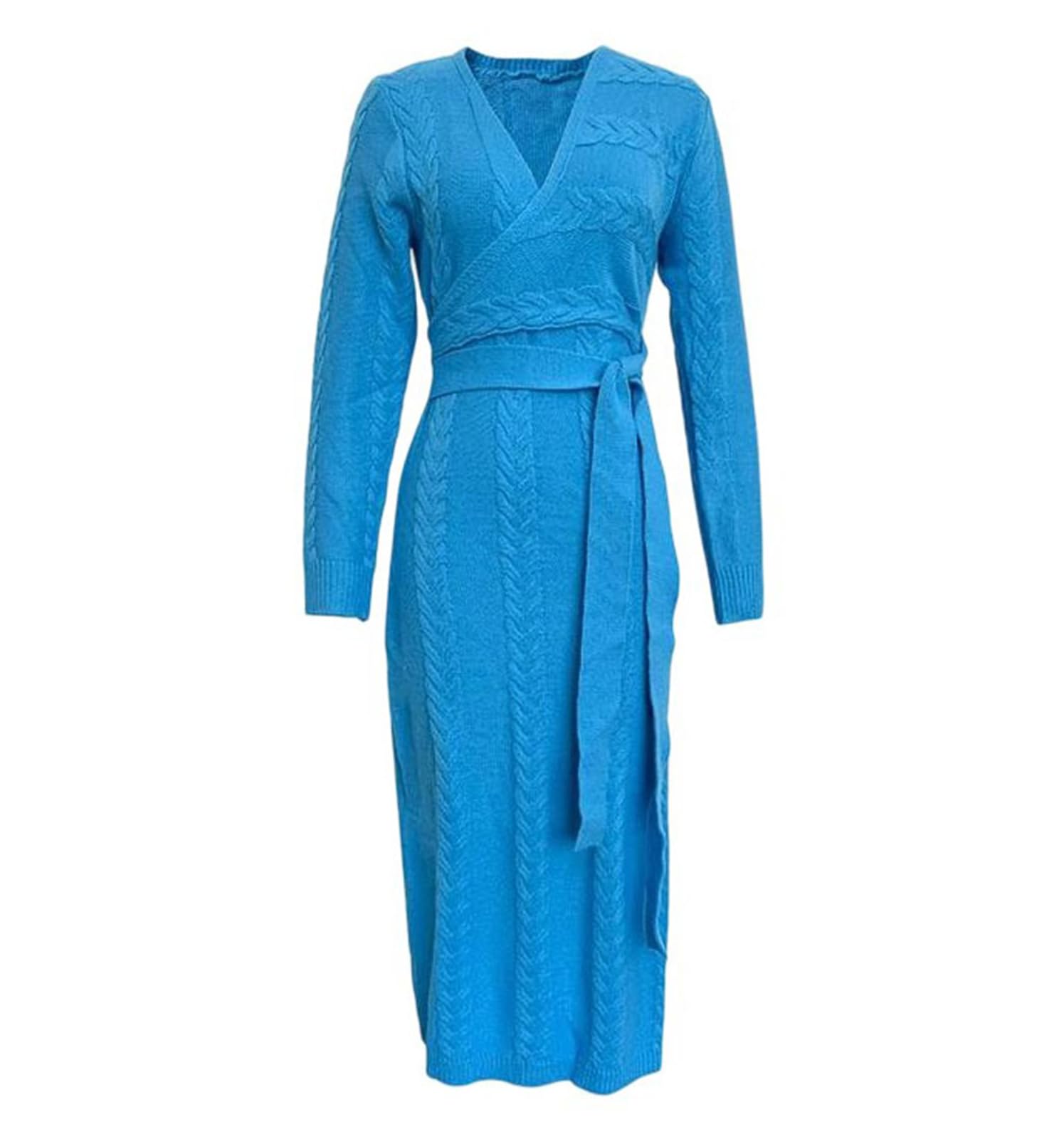 Womens Chunky Knit Bodycon Dress Blue Stretch Long Sleeve Belted Midi Business Elegant Slim Fit Sweater Dresses