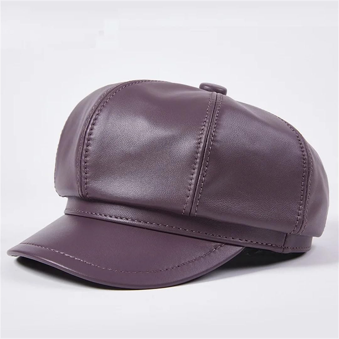 Gorra de piel auténtica para mujer, estilo vintage, de piel de oveja, estilo panadero, octogonal, para invierno
