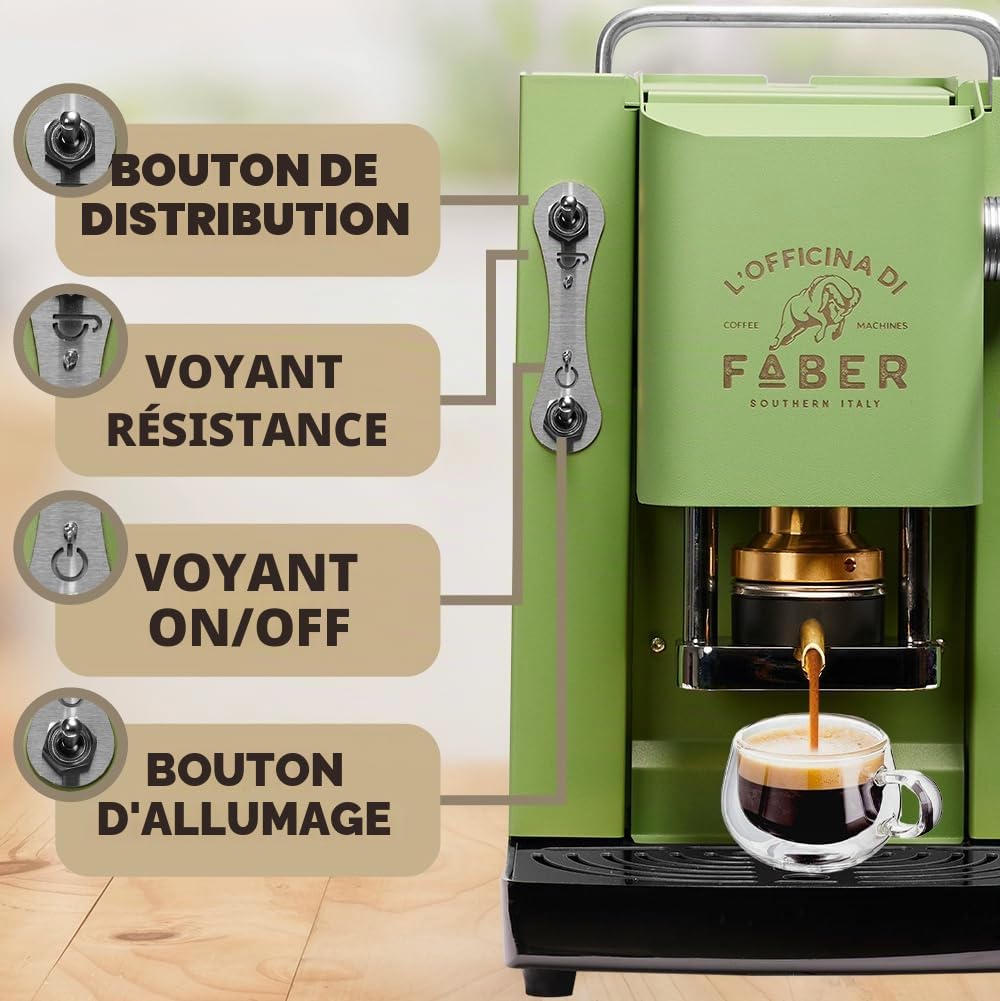 FABER COFFEE MACHINES | Modèle Pro Deluxe | Machine à café à dosettes ese 44mm | Finition Chrome | Pressacialda en laiton (Acid Green)