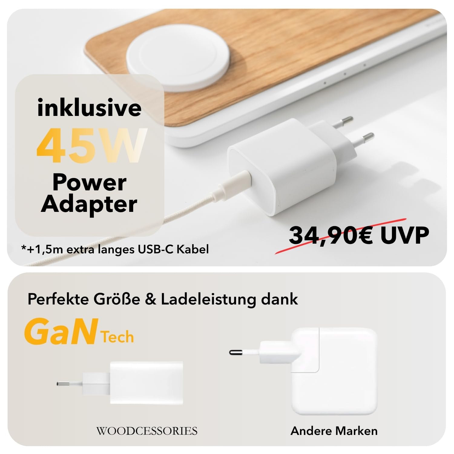 Woodcessories Multibase Pro - Estación de carga 3 en 1 de madera, cargador Magsafe, cargador inalámbrico compatible con iPhone, Apple Watch, Air Pods + adaptador de potencia de 45 W, roble