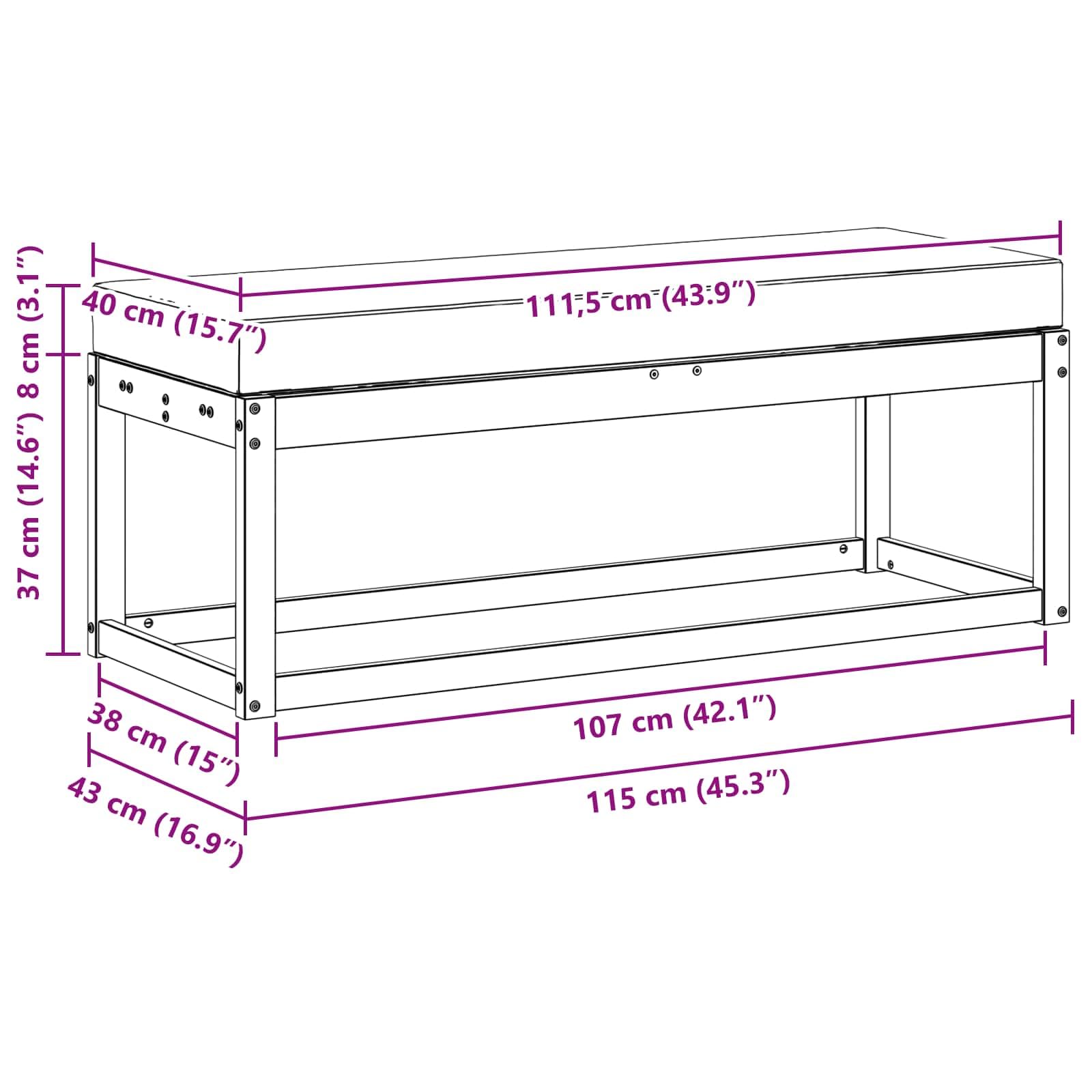Taboret ławka z poduszką z litego drewna akacjowego, kolor naturalny, jasnoszary, 115 x 43 x 37 cm, odporna na warunki atmosferyczne, modułowa, na taras, balkon, do wypoczynku na świeżym