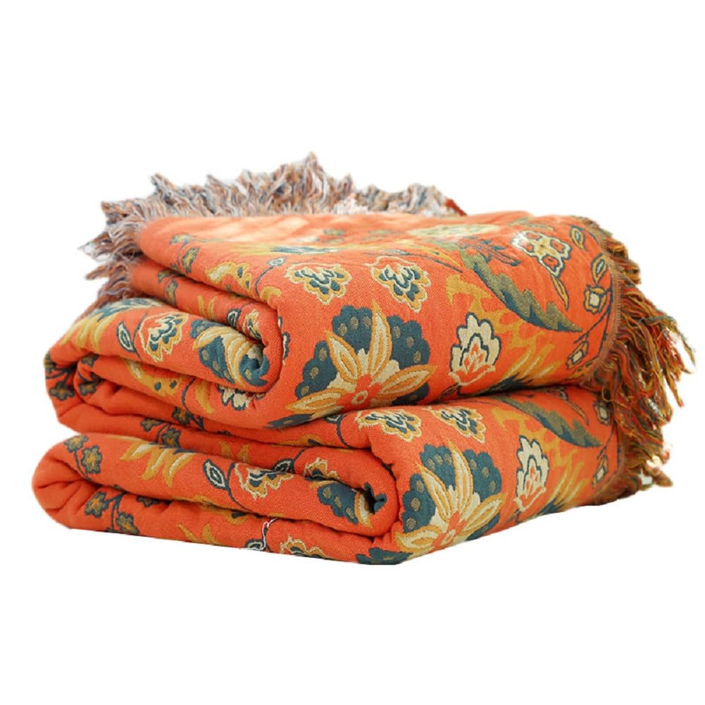 Boho Throw Blanket for Bed - 100% Cotton Vintage Travel Quilt - All Season Blanket Tangerine Colorful Floral Printed Home Decor Farmhouse Warm Bed Blankets for Sofa Couch Bed Chair, 60"×80"