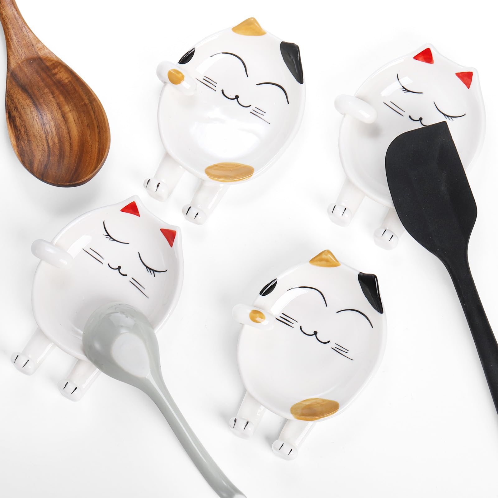 4 Pack Spoon Rest with Lid Holder, 5.5 Inch Cute Cat Ceramic Utensil Rest for Stove Top, Heat Resistant Stable Spatula Rest, Kitchen Accessories for Ladle Pot Lid Chopsticks, Dishwasher Safe