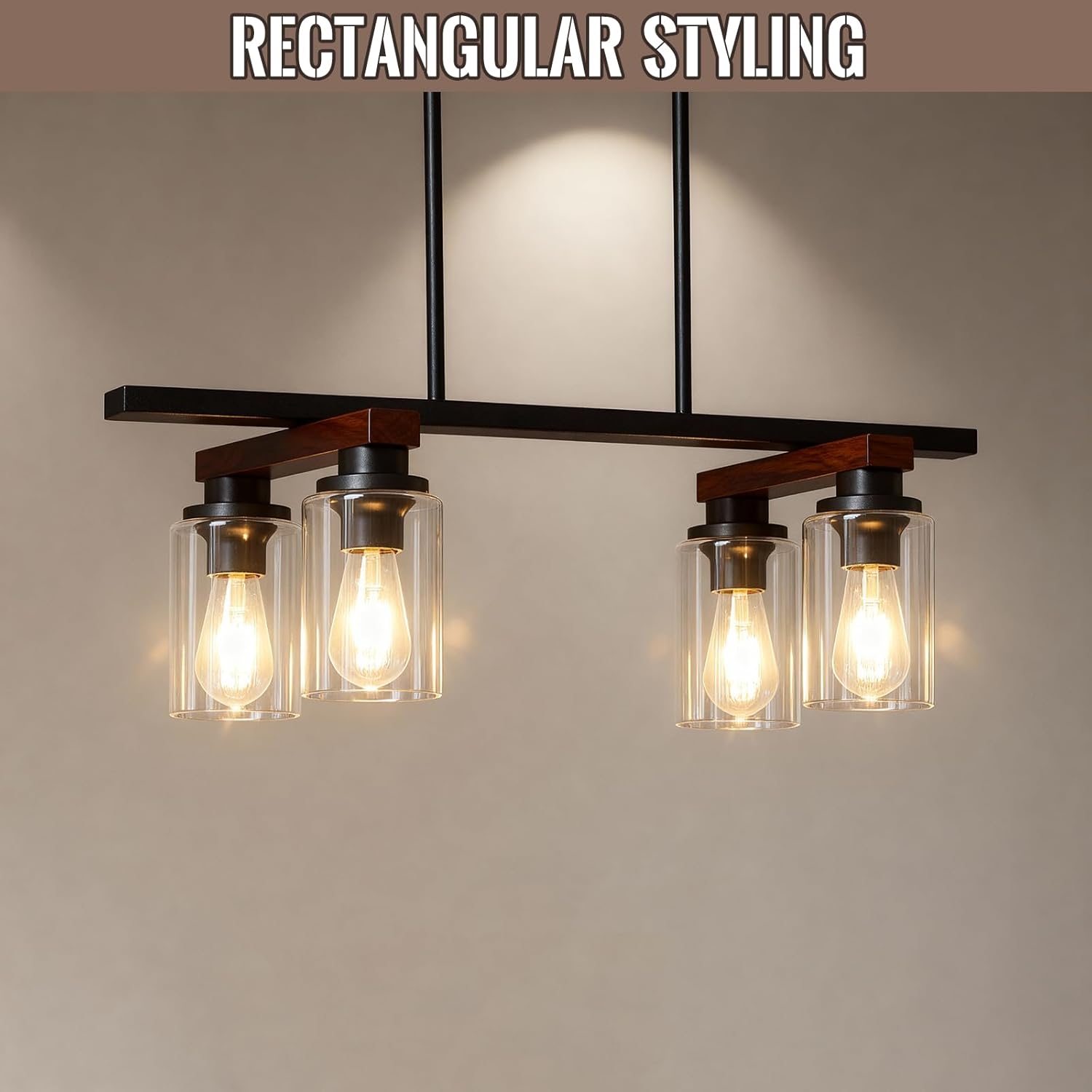 4-Light Kitchen Island Lighting & Farmhouse Dining Room Light Fixtures Over Table, Rustic Wood Linear Chandelier Adjustable Ceiling Hanging Pendant- Rotating Design, Customizable Shapes, Clear Glass