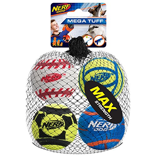 Nerf Dog Sports Ball Dog Toys, Lightweight, Durable and Water Resistant, 2.5 Inches, for Small/Medium/Large Breeds, Four Pack, Mixed Colors, Model:3372