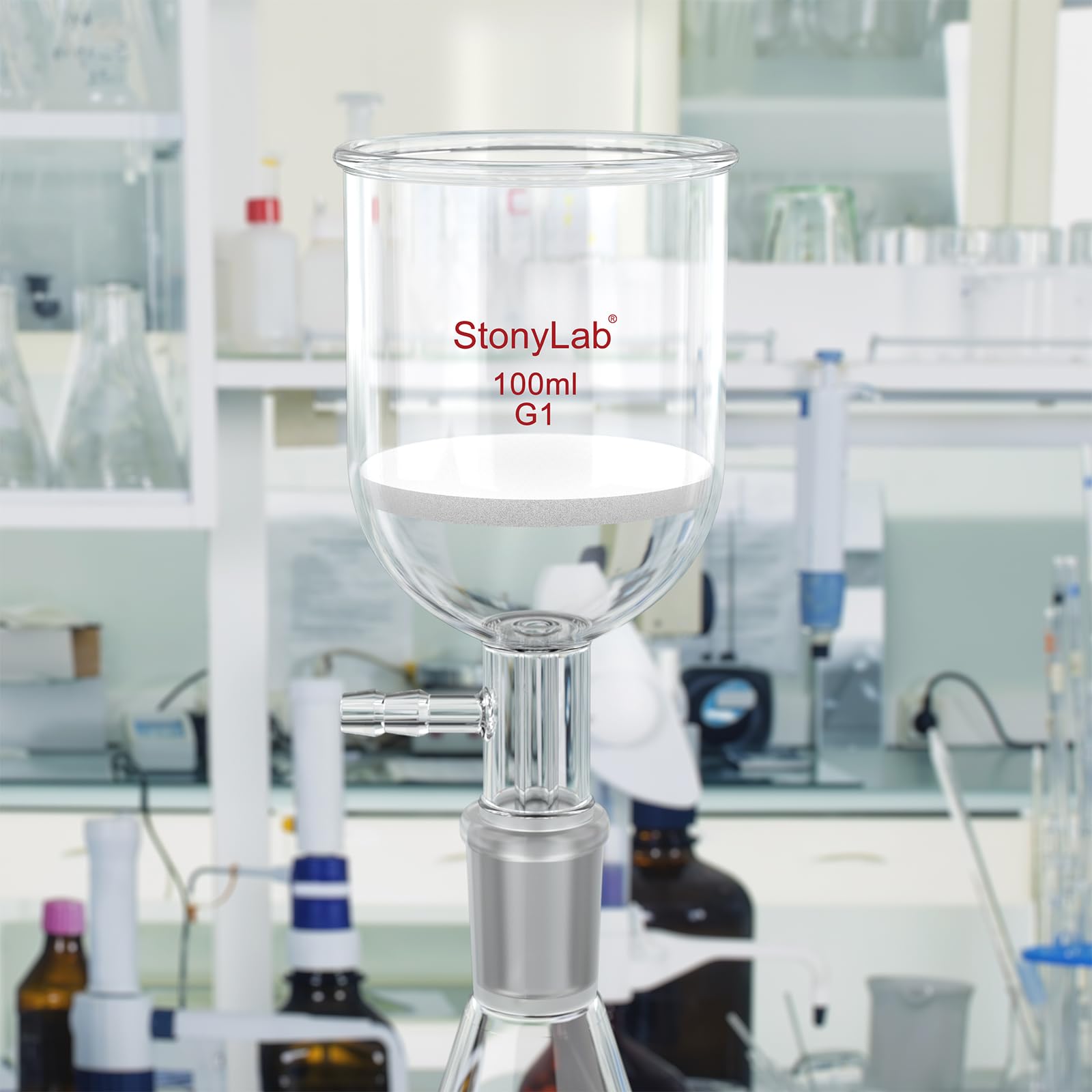 StonyLab borokrzemowy szklany lejek filtrujący z grubym frezem (G1), średnica wewnętrzna 56 mm, głębokość 60 mm, ze standardowym przegubem wewnętrznym 24/40 i ząbkowaną rurką próżniową (100 ml)