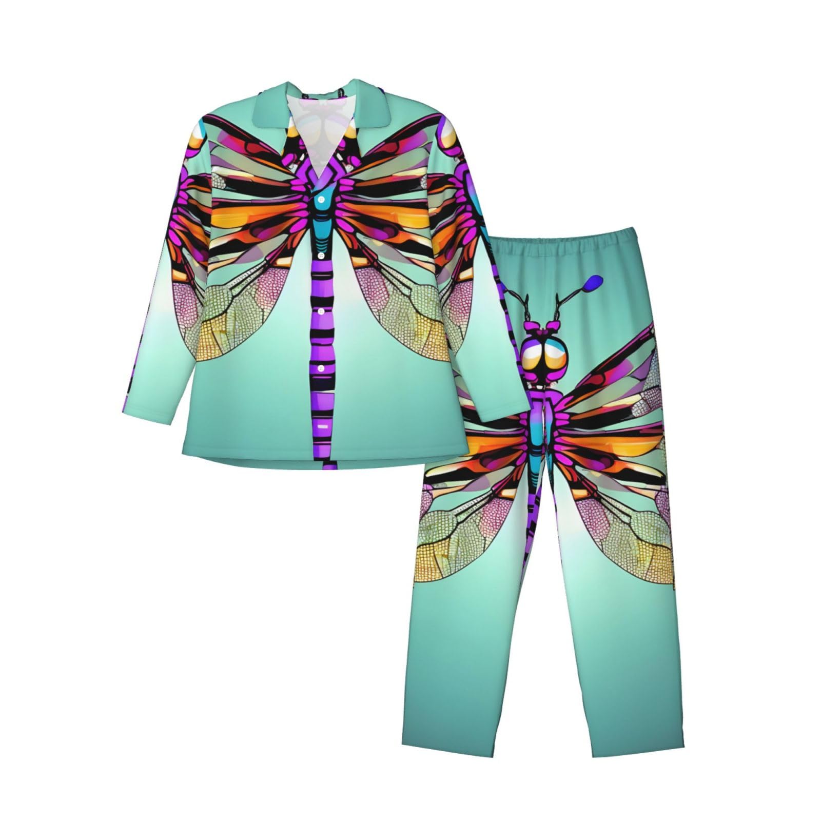 Herren-Pyjama-Set mit niedlichem Libellenmuster, langärmelig, zweiteilig, Hauskleidung, bequeme Nachtwäsche