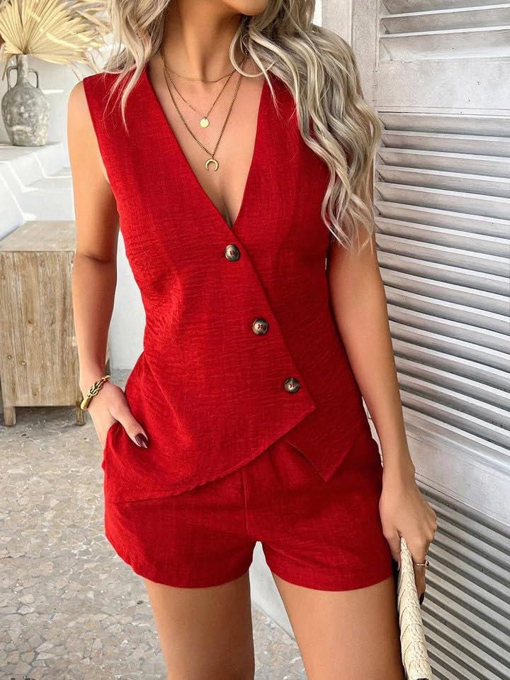 Conjunto de chaleco y pantalones cortos asimétricos con cuello en V para mujer, atuendo casual de verano de dos piezas — view 7