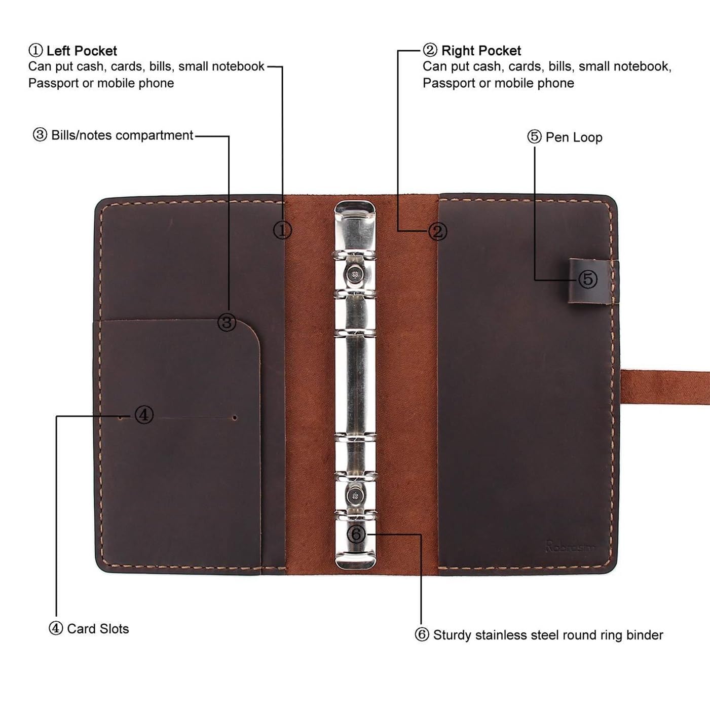 A6 Leder-Notizbuch mit 6 Ringen nachfüllbar – Planer mit Kartenfächern, Stiftschlaufe & Taschen – Vintage handgemachtes Reisetagebuch & Organizer for Männer & Frauen(Coffee)