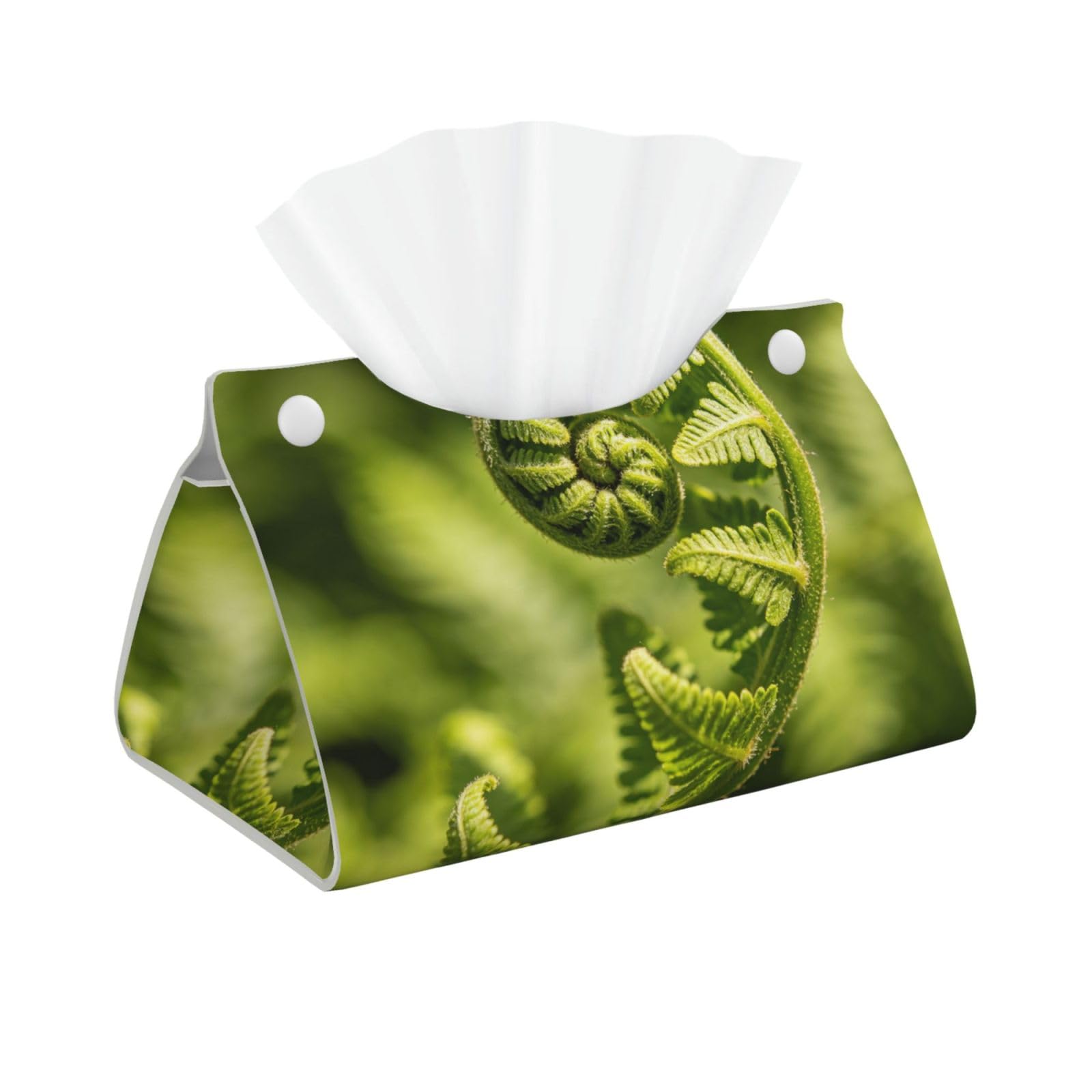 Green Fern Curl Long Leather Tissue Box Cover-Waterproof PU Leather Tissue Holder for Bathroom, Decorative Rectangular Tissue Case