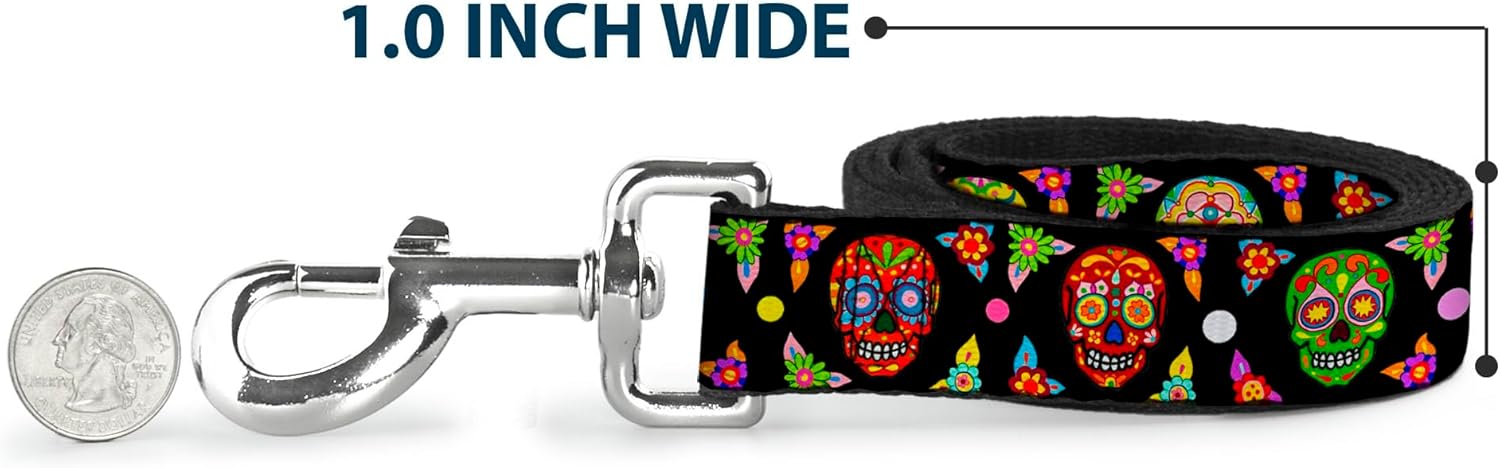 Buckle-Down Pet Leash - Colorful Calaveras Black/Multi Color - 4 Feet Long - 1.5" Wide