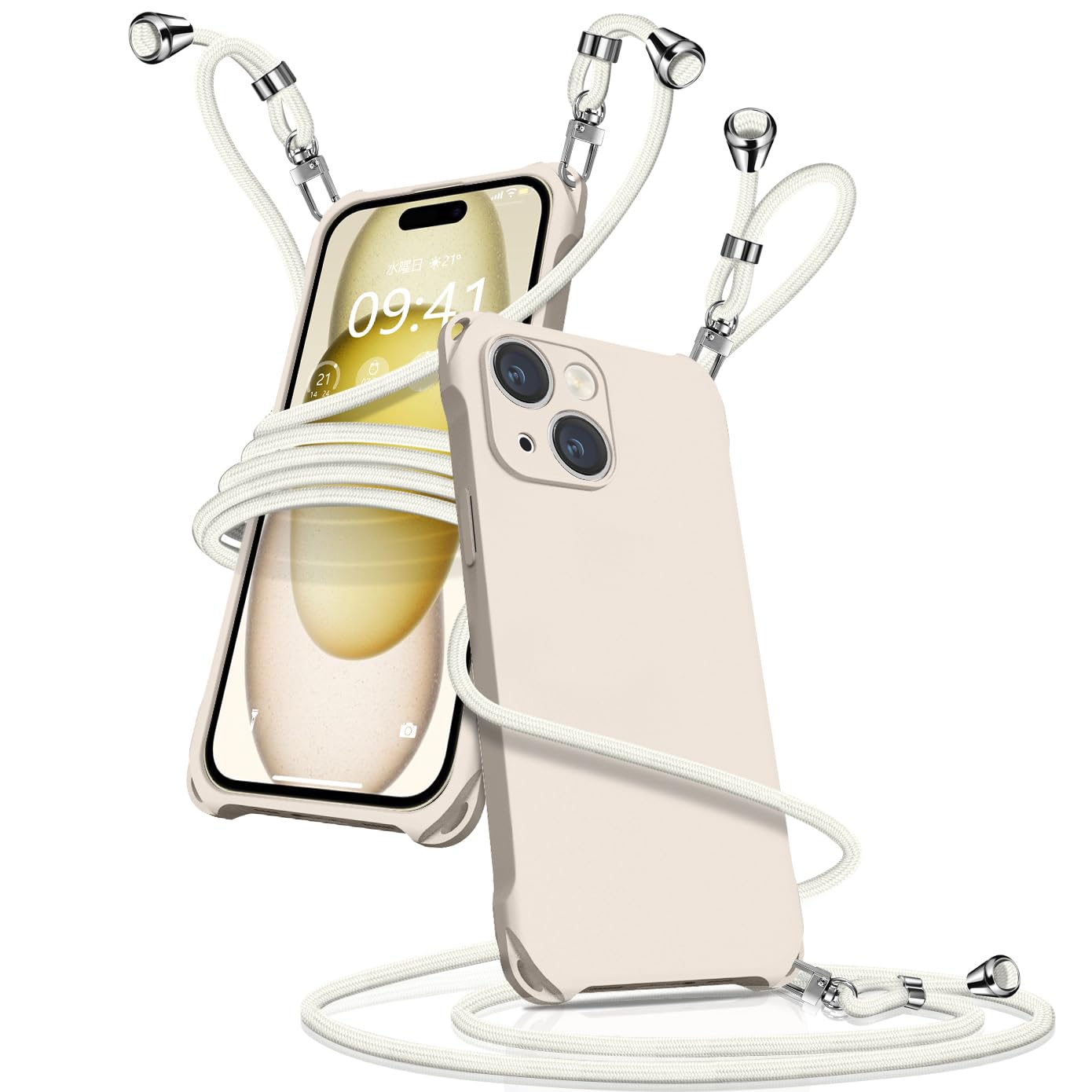 iPhone15 ケース ショルダー シリコン iphone 15 スマホケース アイフォン15 カバー 耐衝撃 肩掛け 斜めかけ 縄掛けケース 紐付き 斜めがけ 織りストラップ付き 長さ調整可能 取り外し可能 傷付き防止 マット質感 指紋防止(アンティークホワイト)