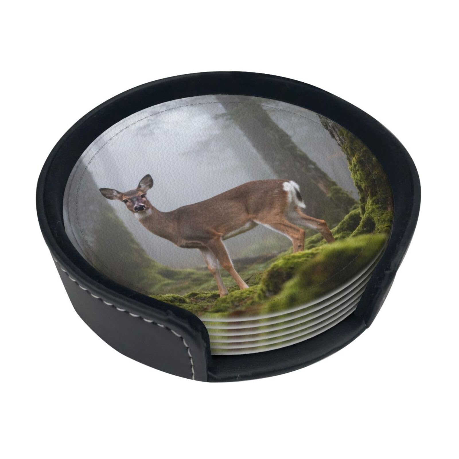 Deer pattern Leather Coasters-Set of 6 with Storage Holder